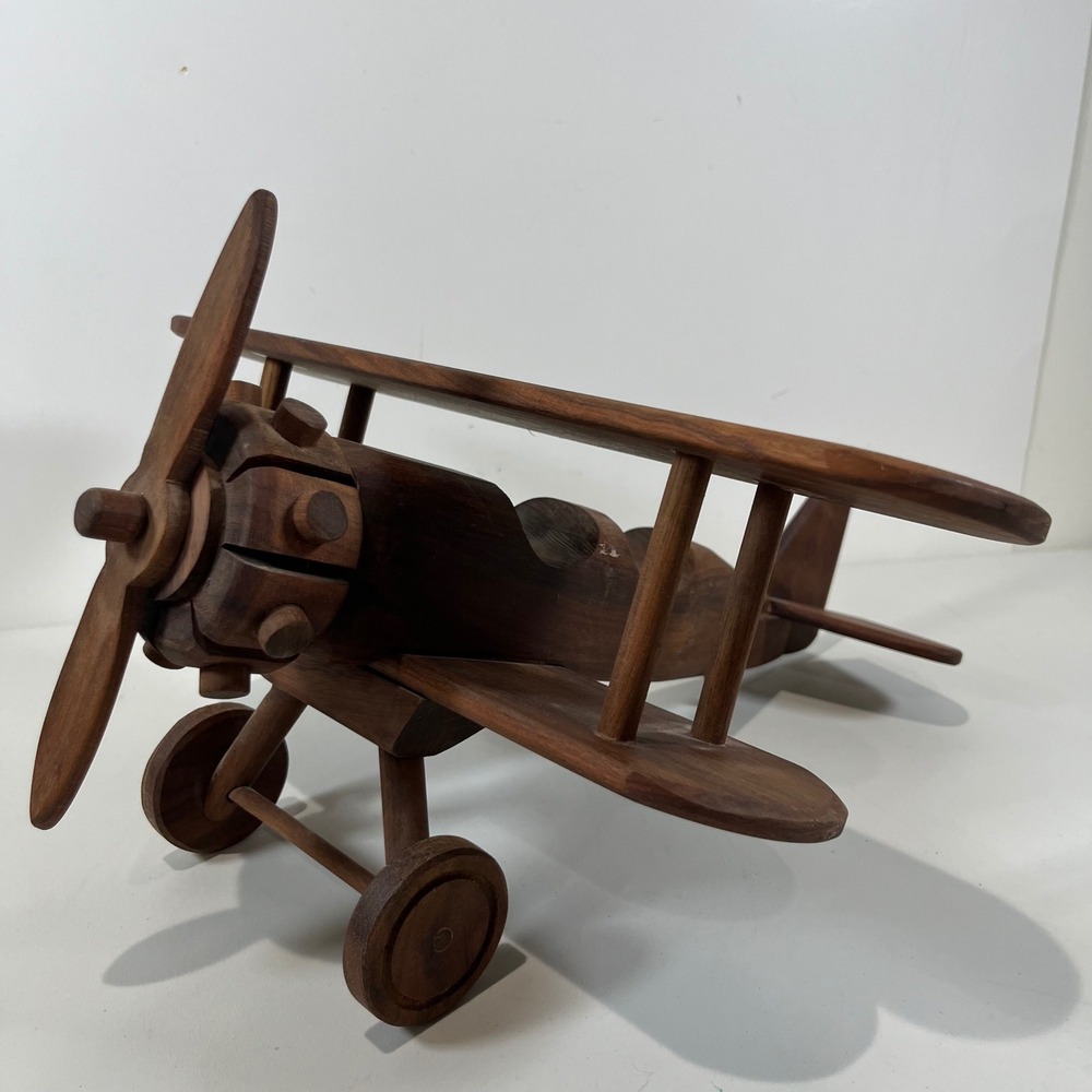 Vtg Wood Biplane Model Airplane Handcrafted Wood Decor Aviator MCM Collectible
